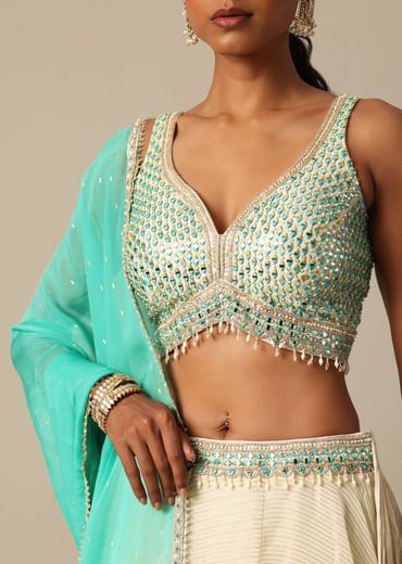 White Chanderi Handloom Lehenga Set With Mirror Work
