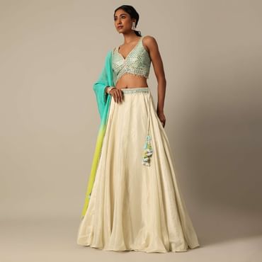 White Chanderi Handloom Lehenga Set With Mirror Work