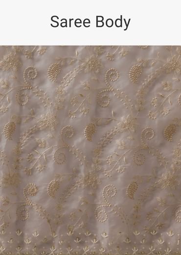 White Chikankari Saree In Organza Silk With Beaded Scallop Detail And Unstitched Blouse Fabric