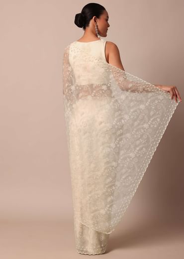 White Chikankari Saree In Organza Silk With Beaded Scallop Detail And Unstitched Blouse Fabric