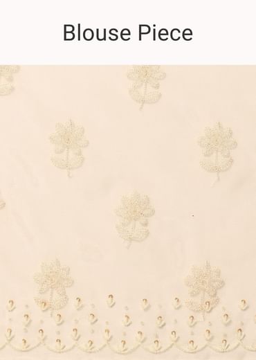 White Chikankari Saree In Organza Silk With Beaded Scallop Detail And Unstitched Blouse Fabric