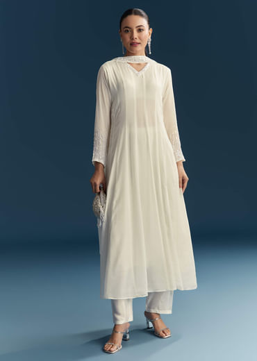 White Chinon Anarkali Suit With Sequins Work