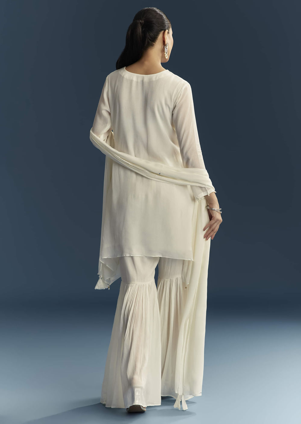 White Chinon Sharara Suit With Mirror And Sequins Embroidery
