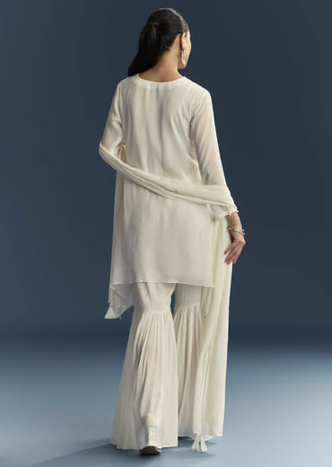 White Chinon Sharara Suit With Mirror And Sequins Embroidery