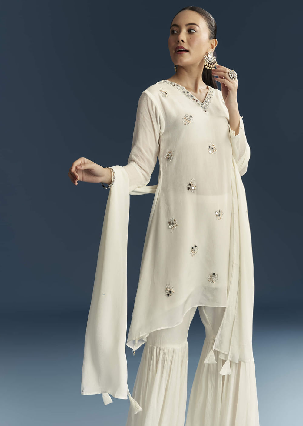 White Chinon Sharara Suit With Mirror And Sequins Embroidery