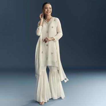 White Chinon Sharara Suit With Mirror And Sequins Embroidery