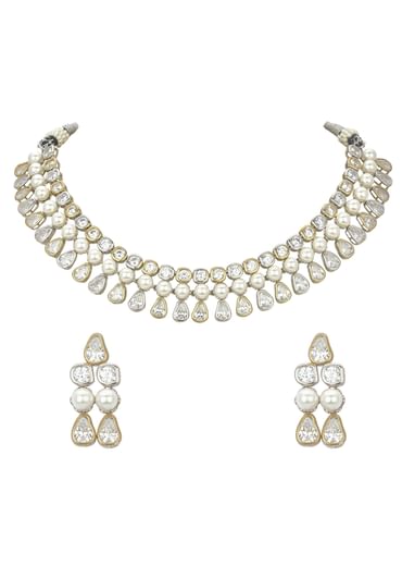White Choker Set With Polki And Pearls