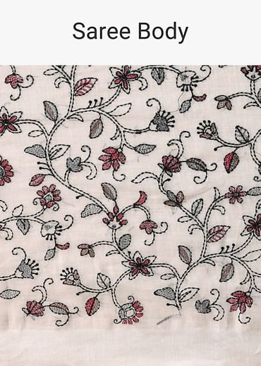 White Cotton Linen Floral Thread Embroidered Saree With Unstitched Blouse Piece