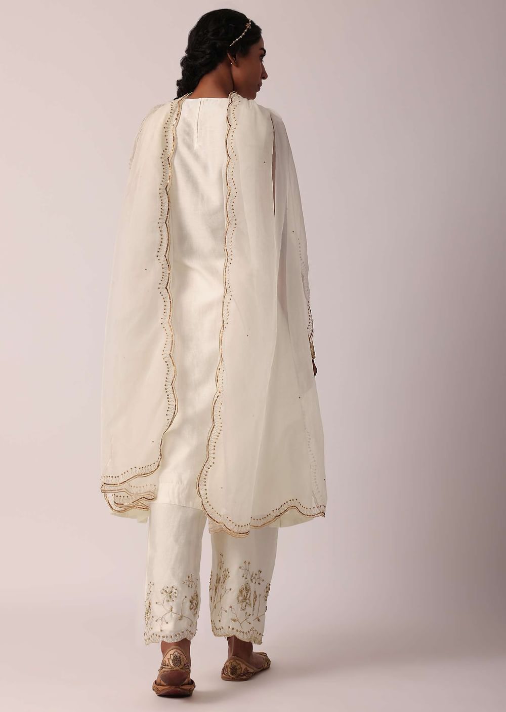 White Chanderi Pant Set With A-Line Kurta