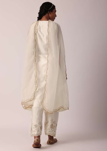 White Chanderi Pant Set With A-Line Kurta