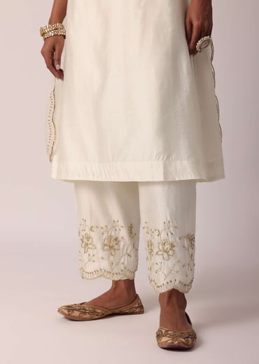 White Chanderi Pant Set With A-Line Kurta