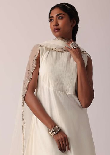 White Chanderi Pant Set With A-Line Kurta