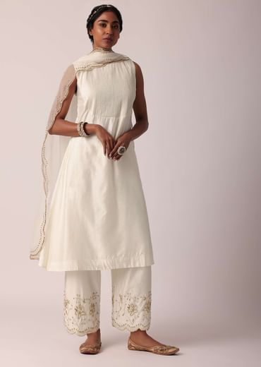 White Chanderi Pant Set With A-Line Kurta