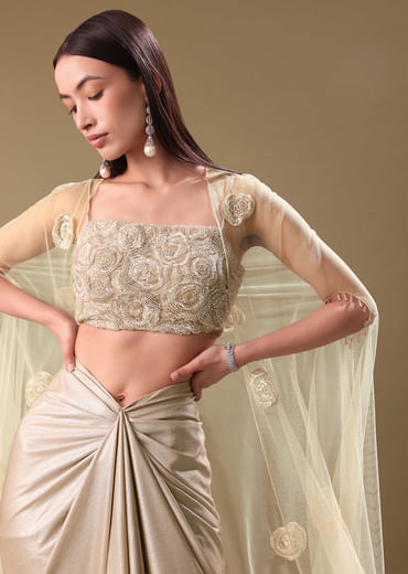 White Drape Skirt Set With Jacket