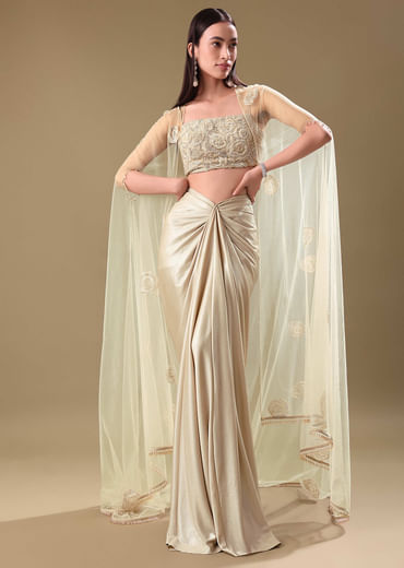 White Drape Skirt Set With Jacket