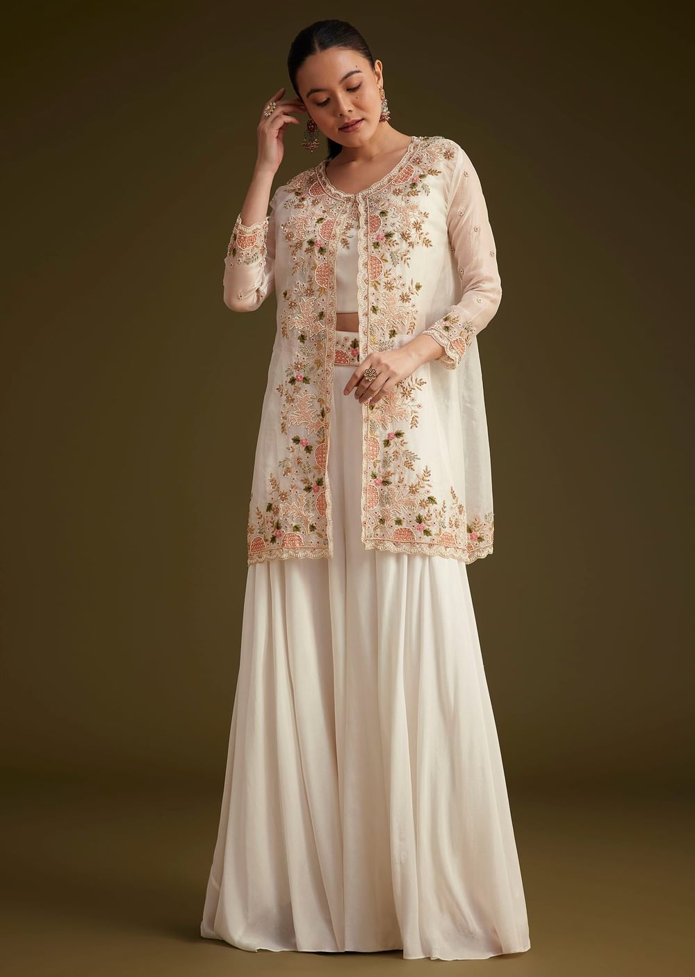 White Embroidered Croptop Palazzo And Jacket Set
