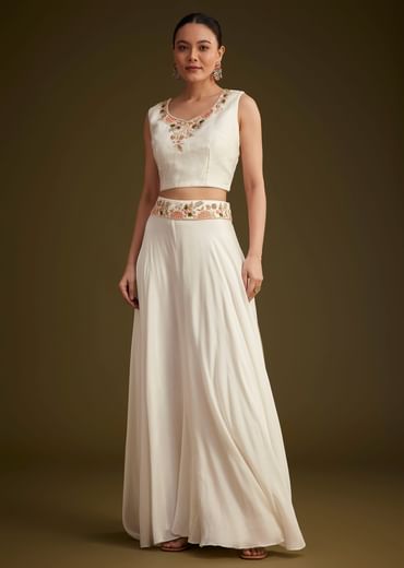 White Embroidered Croptop Palazzo And Jacket Set