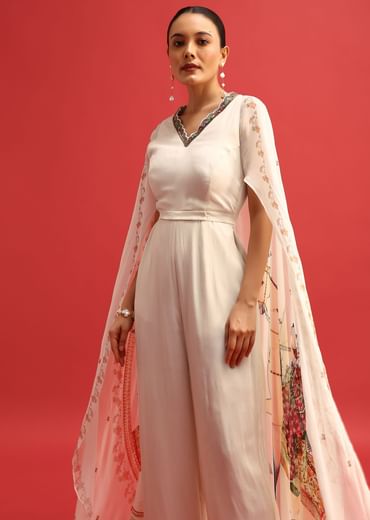 White Embroidered Georgette Jumpsuit