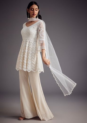White Embroidered Peplum Kurta With Palazzo And Net Dupatta