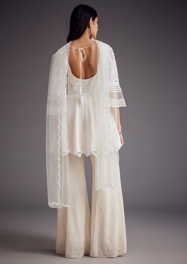 White Embroidered Peplum Kurta With Palazzo And Net Dupatta