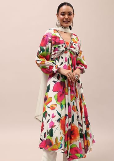 White Embroidered Silk Kurta Set With Dupatta