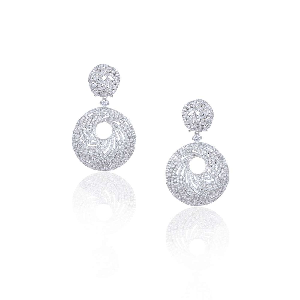 White Finish Long Earrings In A Modern Geometric Design With Faux Diamonds By Aster