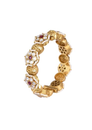 White Finish Temple Bangle With Floral Motifs And Meenakari Work