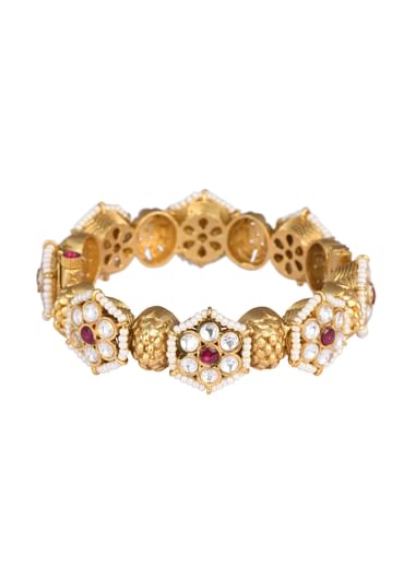White Finish Temple Bangle With Floral Motifs And Meenakari Work
