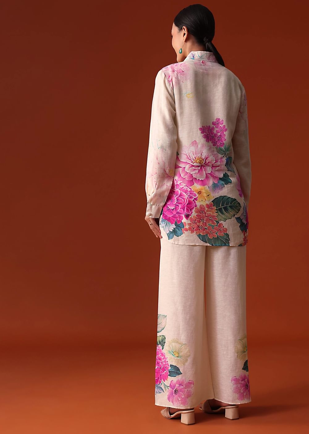 White Floral Printed Sequin Work Cotton Co Ord Set