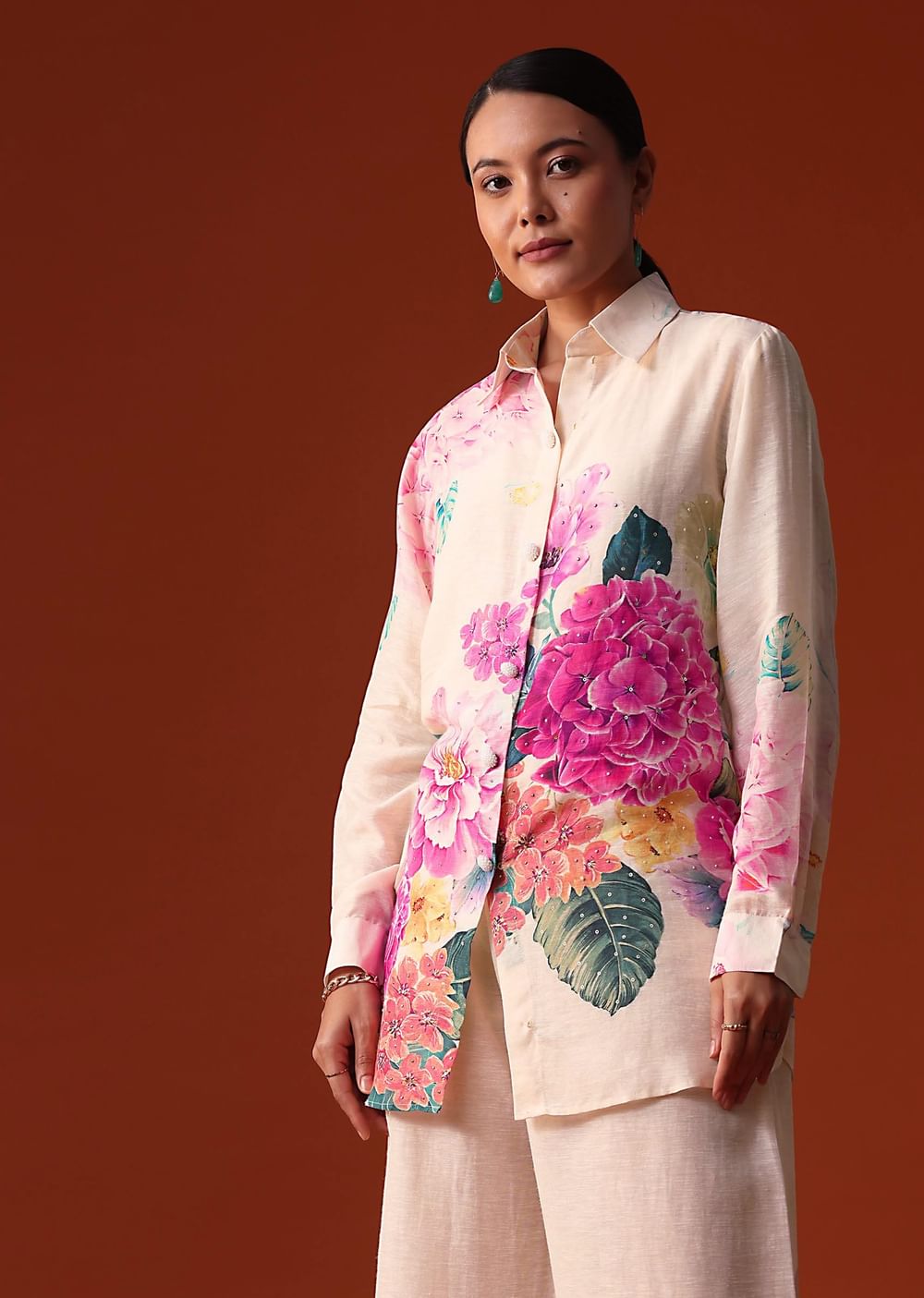 White Floral Printed Sequin Work Cotton Co Ord Set