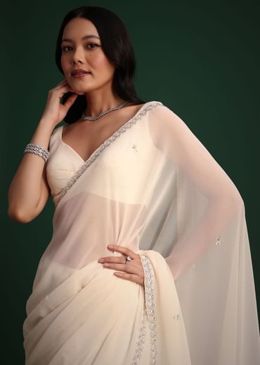 White Georgette Saree With Cutdana Embroidered Saree