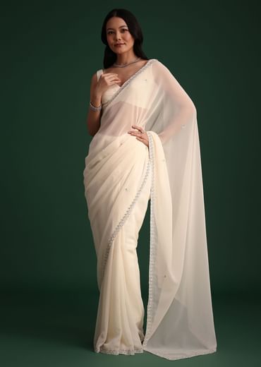White Georgette Saree With Cutdana Embroidered Saree