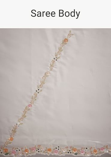 White Glass Tissue Saree With Floral Embroidery