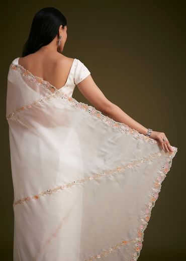 White Glass Tissue Saree With Floral Embroidery