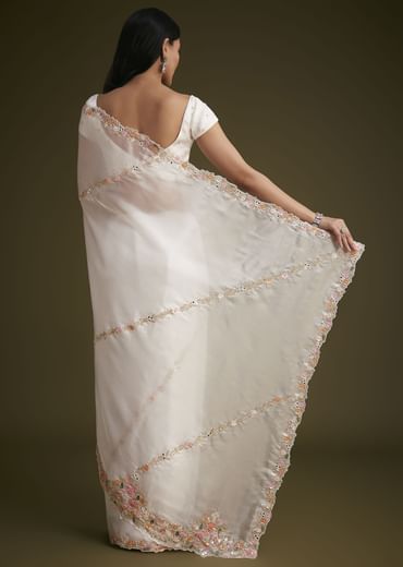 White Glass Tissue Saree With Floral Embroidery