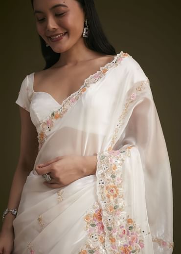 White Glass Tissue Saree With Floral Embroidery