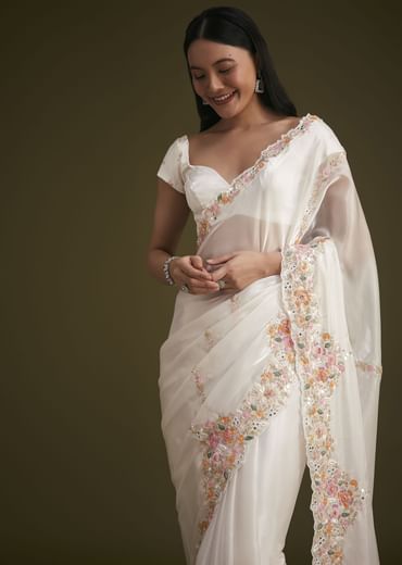 White Glass Tissue Saree With Floral Embroidery