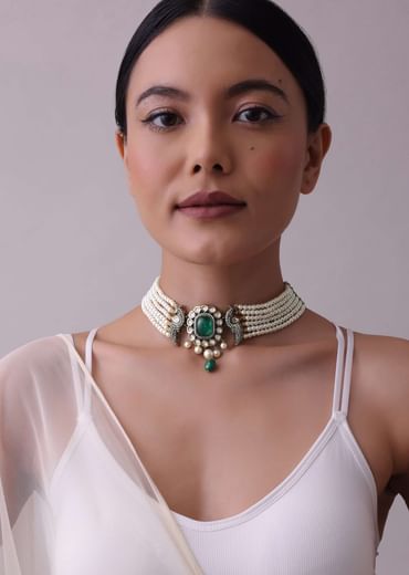 White Gold-Finish Kundan Choker Set With Pearls And Faux Diamonds In Mix Metal