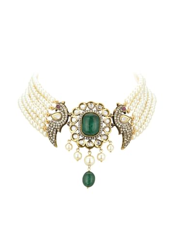 White Gold-Finish Kundan Choker Set With Pearls And Faux Diamonds In Mix Metal