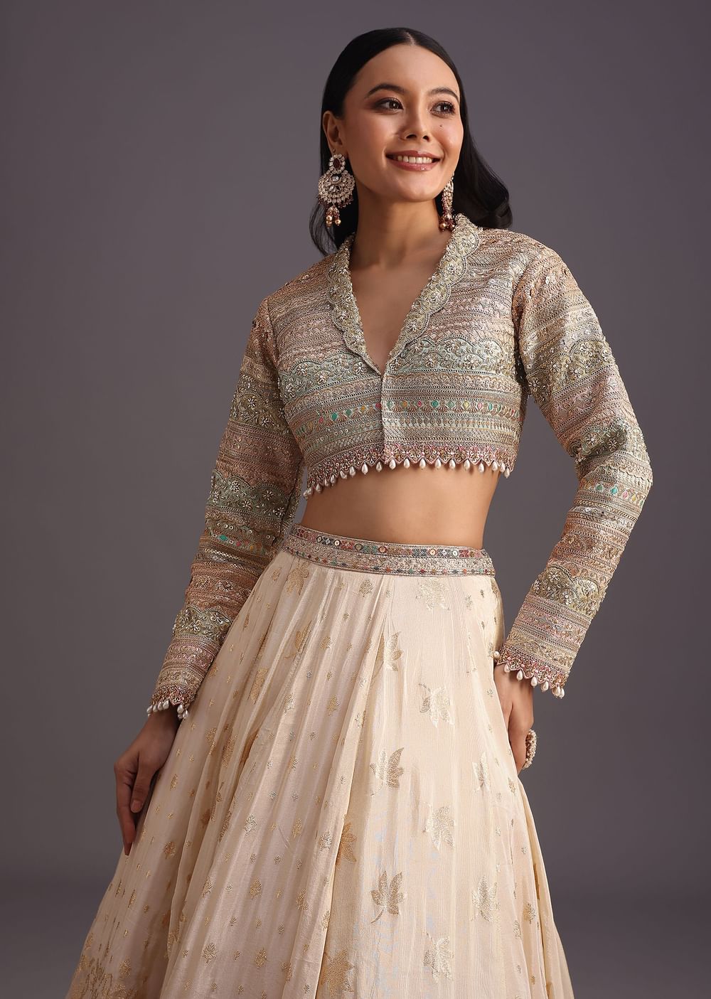 White Gotta Work Choli With Banarasi Weave Lehenga