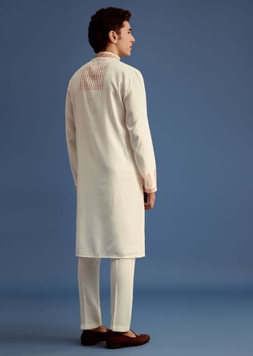 White Hand Block Print Kurta Set With Zari Work