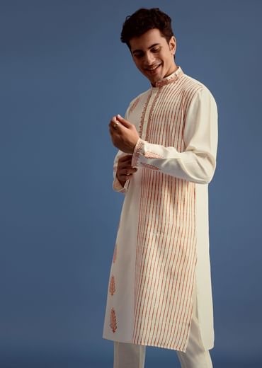 White Hand Block Print Kurta Set With Zari Work