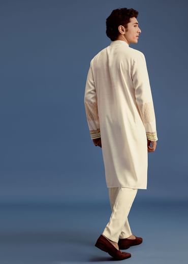 White Hand Block Printed Kurta Set With Zari Embroidery