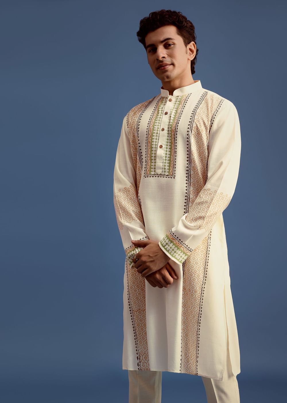 White Hand Block Printed Kurta Set With Zari Embroidery