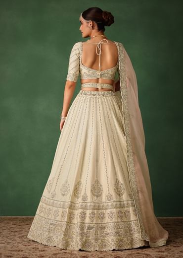 White Hand Embroidered Lehenga Set In Raw Silk With Dupatta