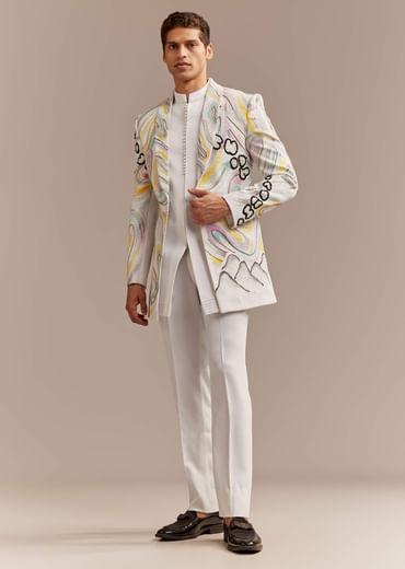 White Indo Western Set For Men With Hand Painted Work