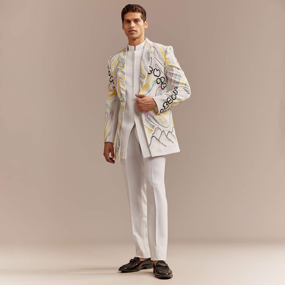 White Indo Western Set For Men With Hand Painted Work