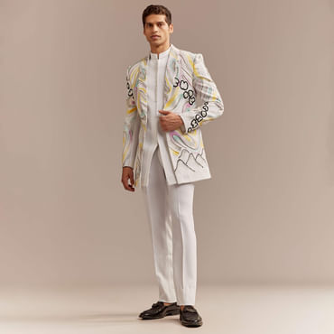 White Indo Western Set For Men With Hand Painted Work