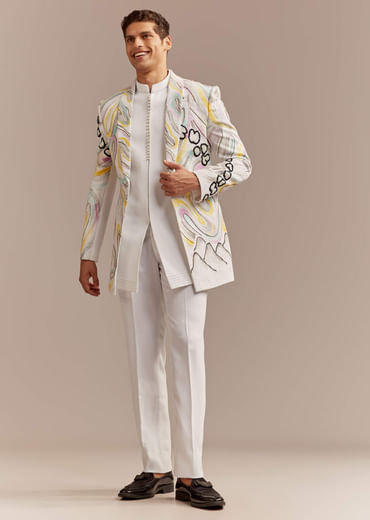 White Indo Western Set For Men With Hand Painted Work
