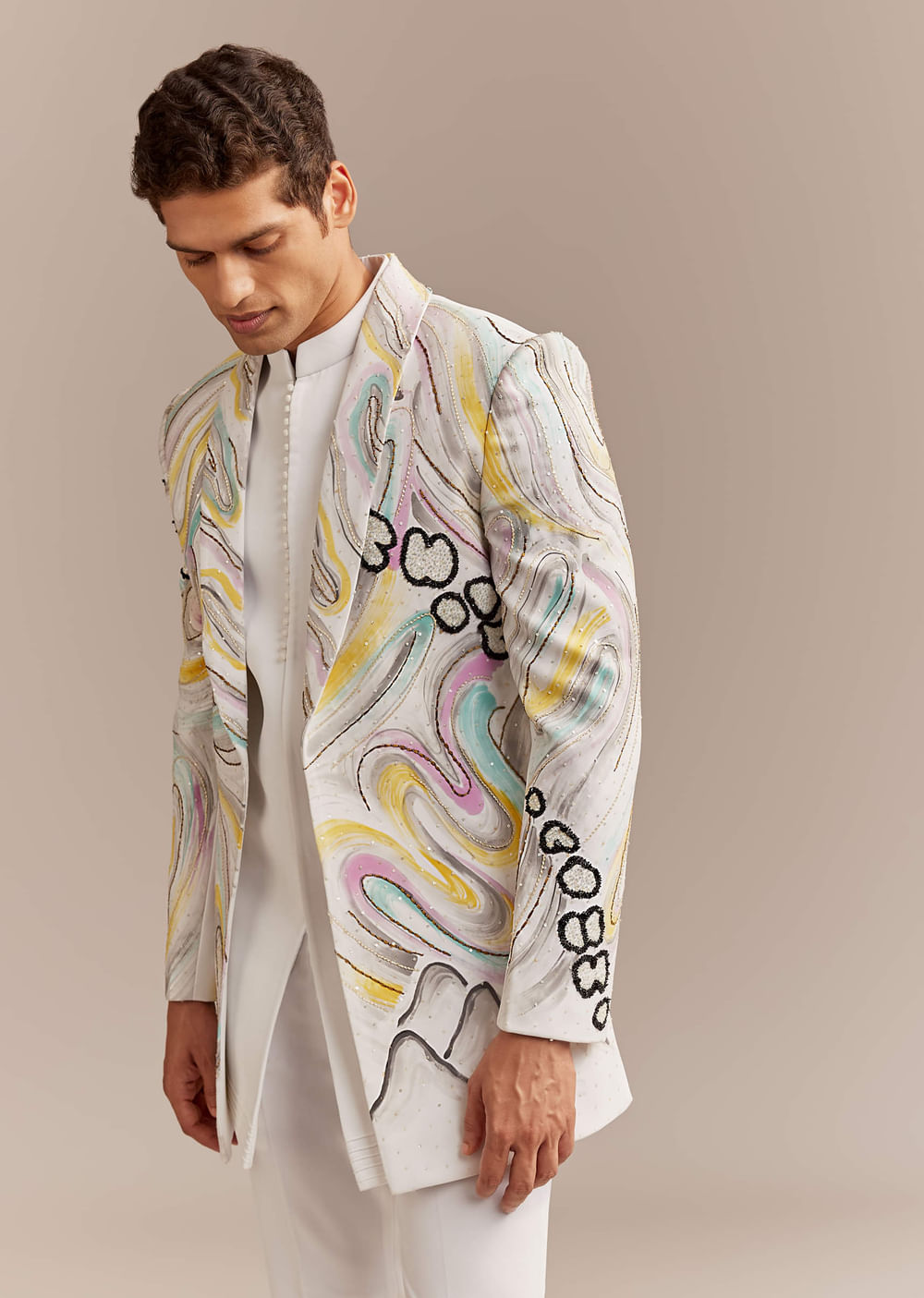 White Indo Western Set For Men With Hand Painted Work